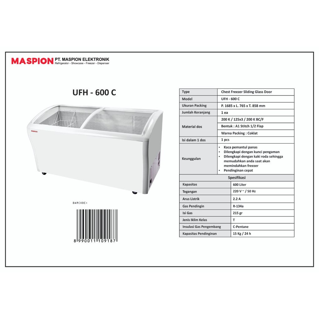 MASPION UFH 600 C - CHEST FREEZER 600 LT SLIDING DOOR GLASS / UFH600C