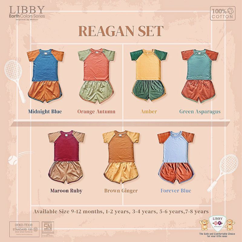 LIBBY earth collor REAGAN SET pendek unisex 9 bulan - 6 tahun / new produck launch Libby Reagan pendek / Libby terbaru / setelan pendek Libby reagan