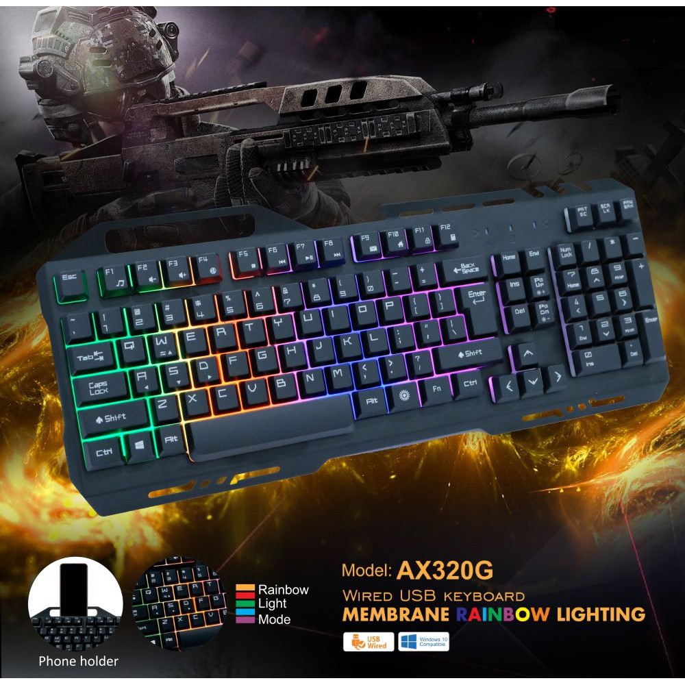 Keyboard gaming membrane wired usb rainbow lightning rgb ax320g metal