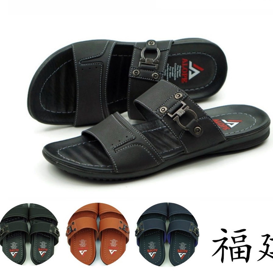 Sandal Slop Kulit Kekinian Casual Sendal Pria Cowok Dewasa Original Premium Brand Lokal Terbaru Kuat-HITAM