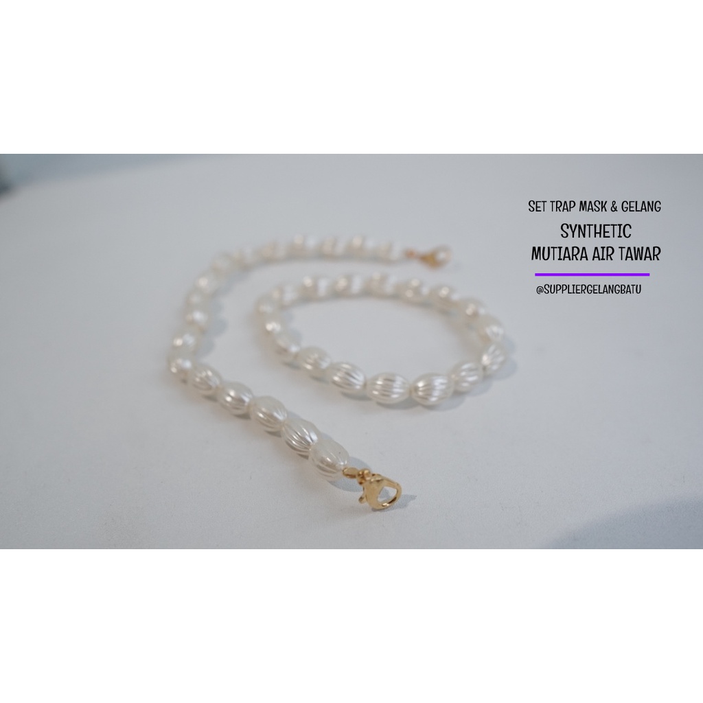 1 set STRAP MASK dan GELANG Mutiara Sintetis OVAL ULIR 10MM WHITE mote