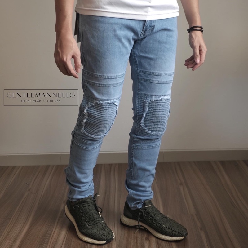 [CLEARANCE SALE] Celana Panjang Jeans Skinny Fit Hypebeast Biru Muda Sky Blue Biker Sobek Tempel