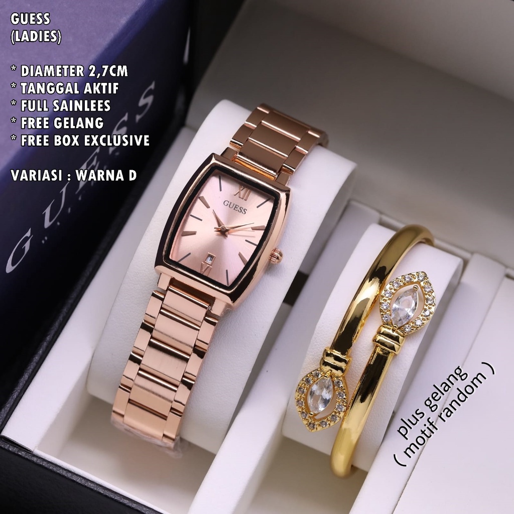 (BISA COD) JAM TANGAN WANITA GUESS RANTAI OVAL TANGGAL AKTIF FREE GELANG