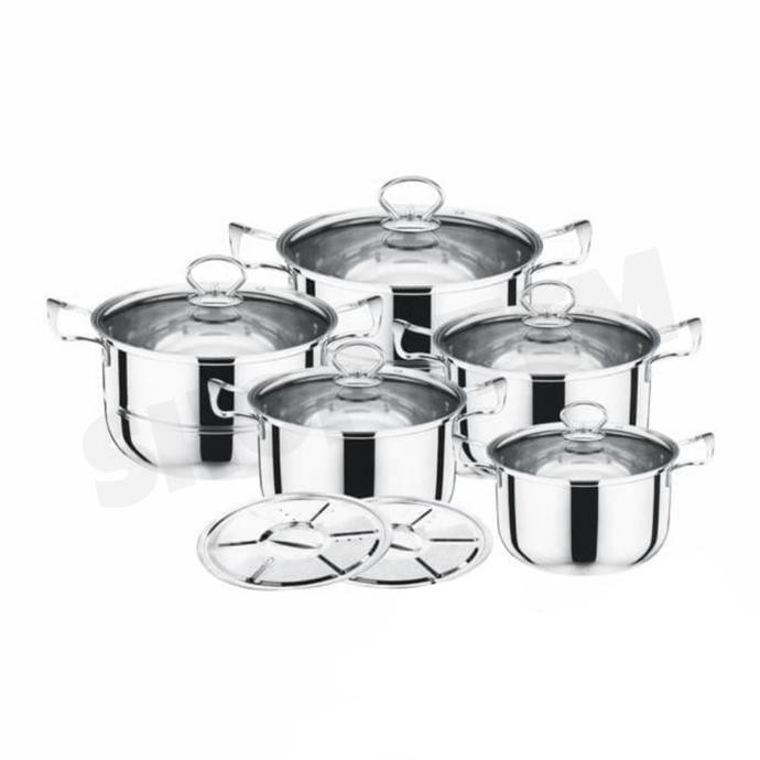 Panci High Pot Stainless Set 12Pcs Tutup Kaca / Soup pot Set Stainless