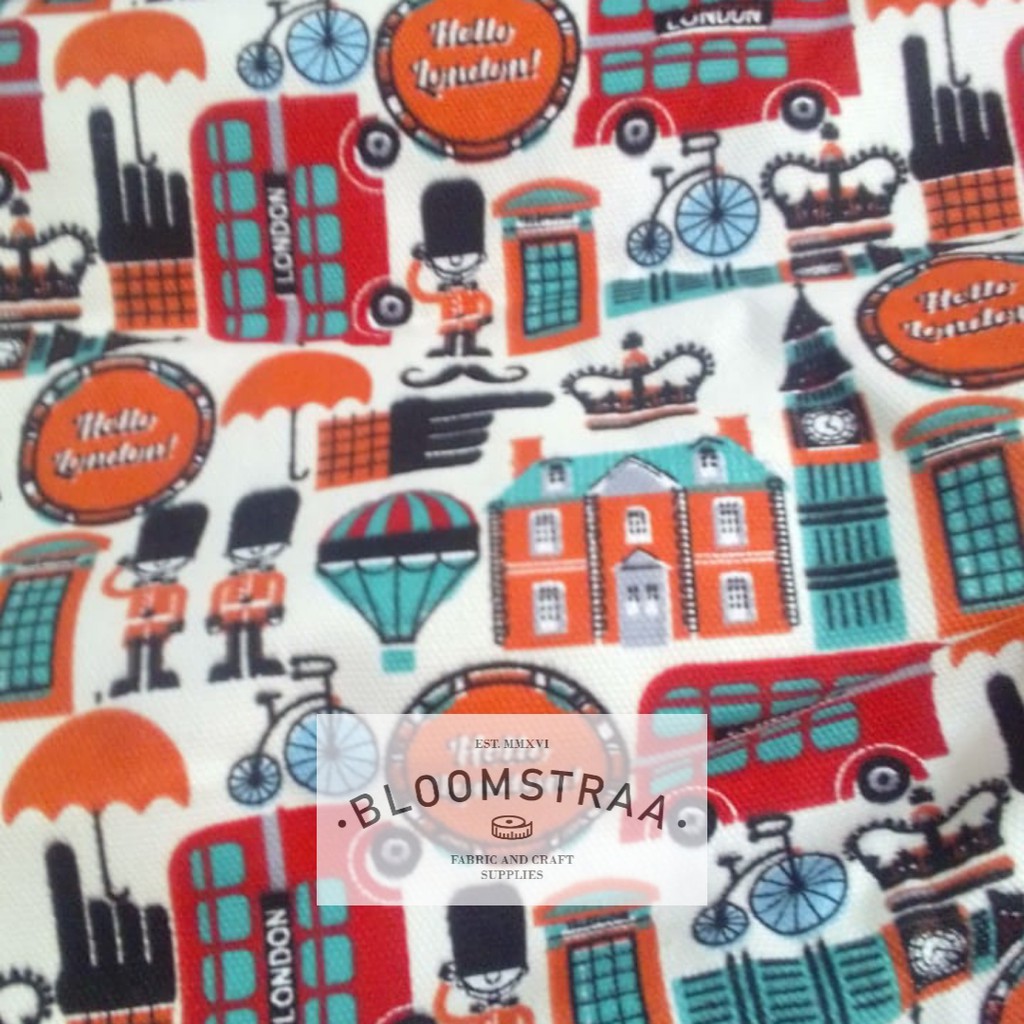 Kain Kanvas Hello London Bus Inggris Canvas Fabric London England Vintage