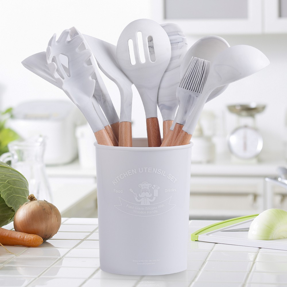 Premium Silicone Utensil Set isi 12 (include Bucket) / Kitchen Silicon spatula - sutil - alat masak