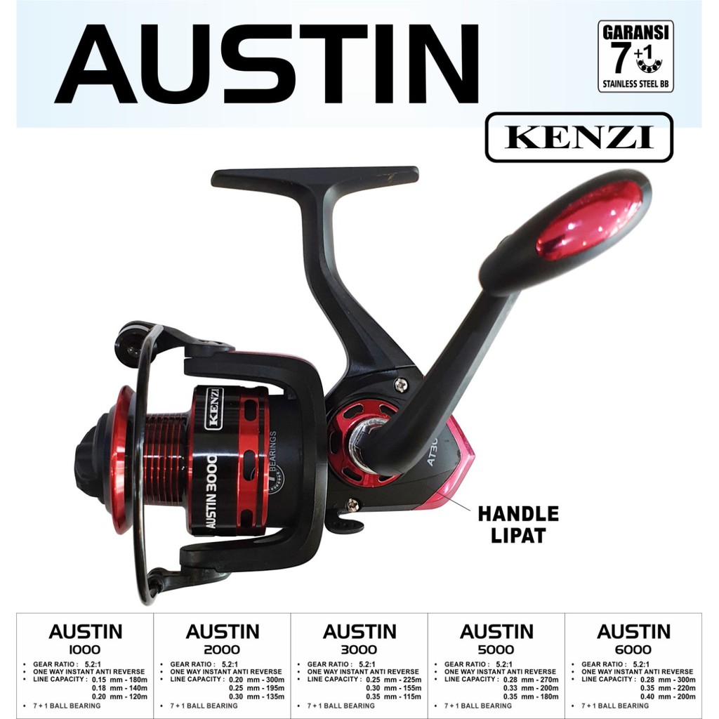 REEL KENZI AUSTIN 1000/2000/3000/5000/6000 HANDLE LIPAT STAINLESS STEEL 7+1