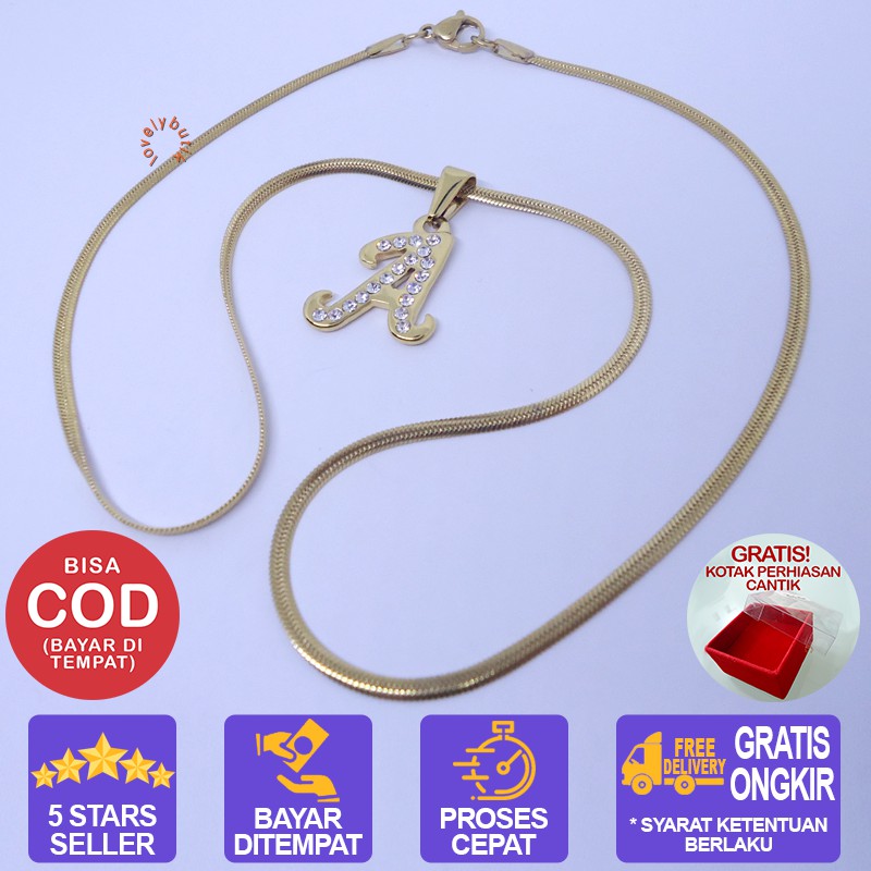 Lovelybutik Honey Kalung Huruf Titanium Anti Karat Inisial A Uk 45 cm BONUS KOTAK PERHIASAN