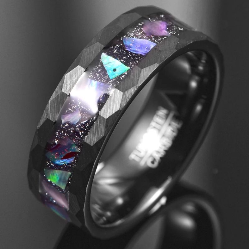 Cincin Tungsten Carbide Original Starry Sky Bottom Abalone Shell Edge Hammered Lasa Premium High Quality