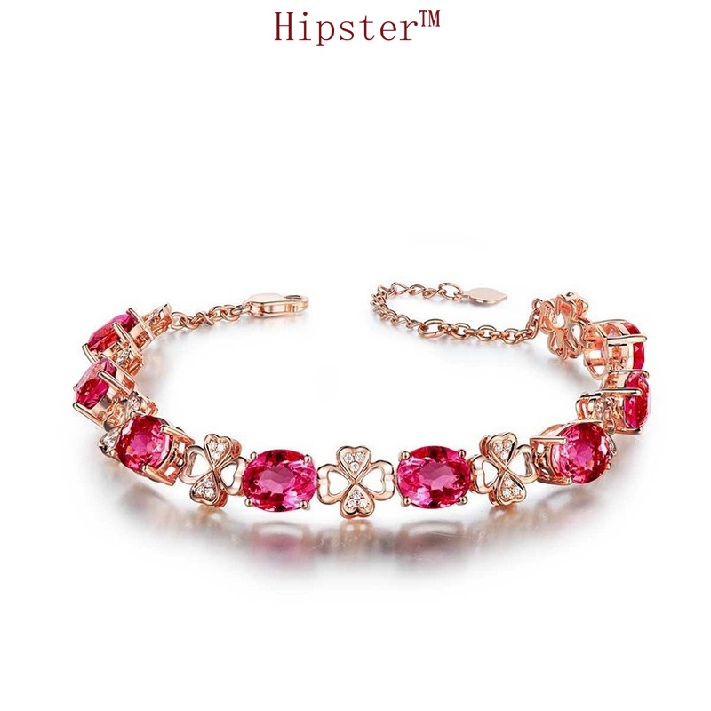 Hollow-out Clover Bracelet Flower Full Diamond Open Ring Rose Red Crystal Eardrops Artificial Red Tourmaline Clavicle Chain