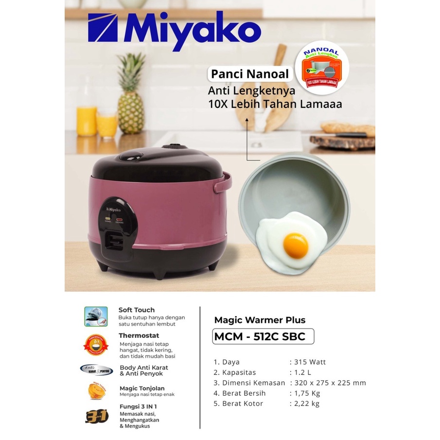 MIYAKO MCM 512 C SBC MAGIC COM 1.2 LITER PANCI NANOAL + TONJOLAN / RICE COOKER / 512CSBC