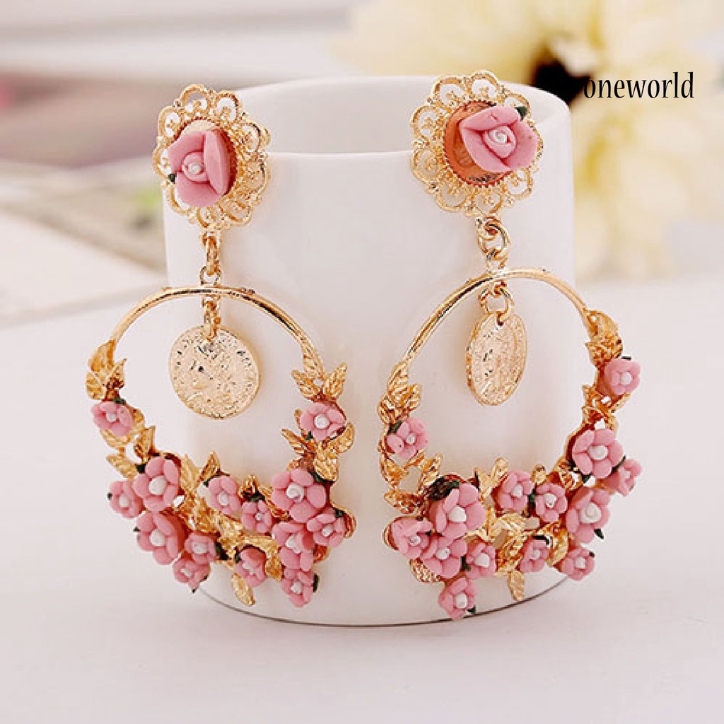 OW@ Ear Studs Circular Ring Not Rust Flowers Pattern Women’s Fashion Flower Dangle Ear Studs for Daily Life