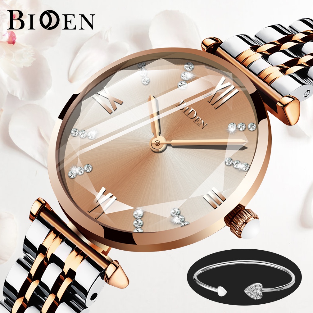 BIDEN Jam Tangan Wanita Mode Santai Tali Stainless Steel Display Kuarsa Tahan Air Jam Tangan Cewek-SilverGold
