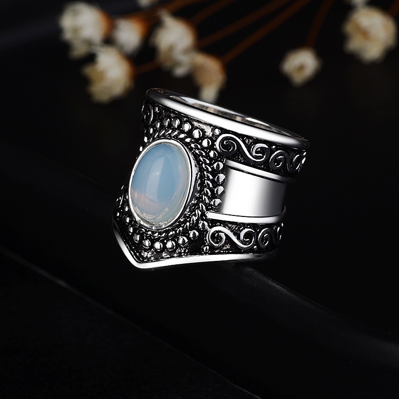 Cincin Lebar Seri Wanita 925 Perak Vintage Moonstone