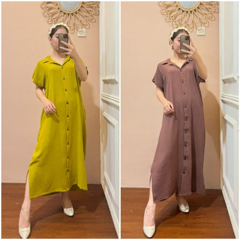 BISA COD AZKIYAHIJAB29 LONG DRESS FULL KANCING AKTIF MIDI DRESS PENDEK CRINCKLE AIRFLOW DAILY DRESS 