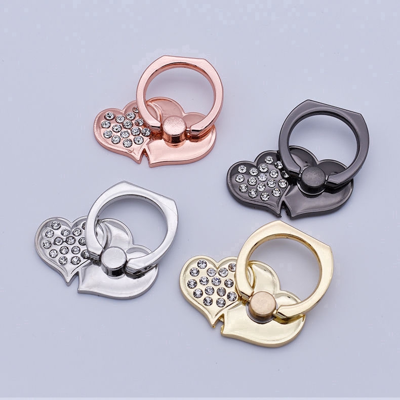 Heart-shaped Diamond Double Love Metal Ring Buckle with Diamond Back Stick Phone Stand