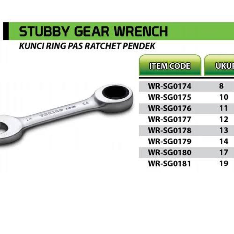 Kunci Pas Ring Ratchet Pendek 8~19 mm / Stubby Gear Ratchet with Open Ended Wrench Spanner TEKIRO