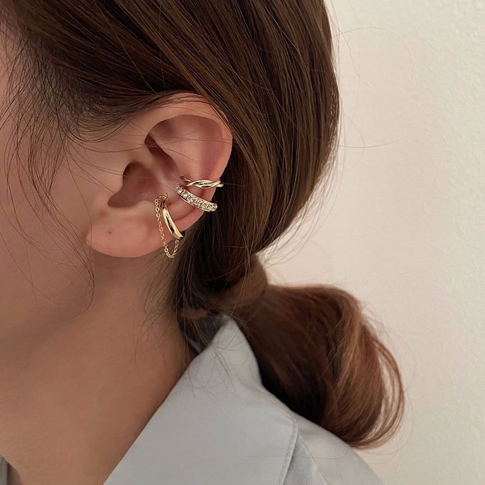 3pcs / Set Anting Stud Klip Rantai Bahan Alloy Gaya Minimalis Aneka Warna