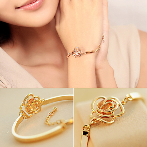 canaan Women Golden Flower Crystal Rose Bangle Cuff Chain Bracelet Chic Jewelry Present