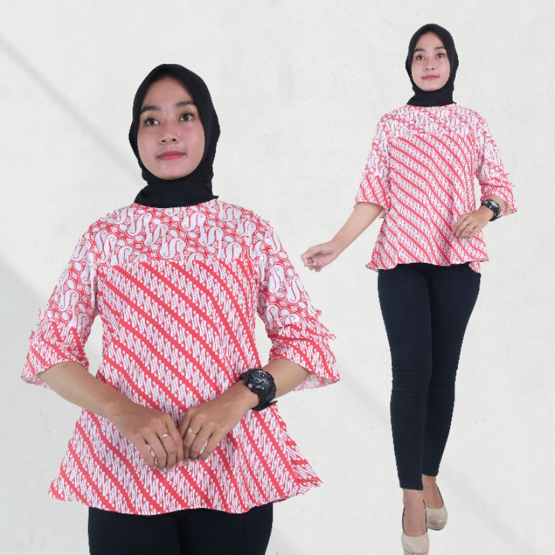 Blus Batik Wanita Lengan 3/4 Merah Putih- Naira Batik