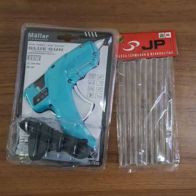 Paket Mollar Glue Gun 20 Watt Biru & 10 Pcs Refill Lilin Lem Tembak