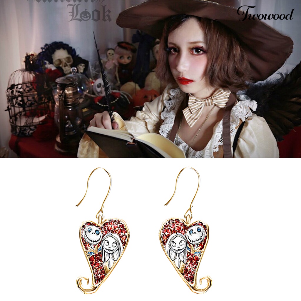 1 Pasang Anting Kait Bentuk Hati Motif Hantu Bahan Alloy Aksen Berlian Imitasi Untuk Pesta Halloween