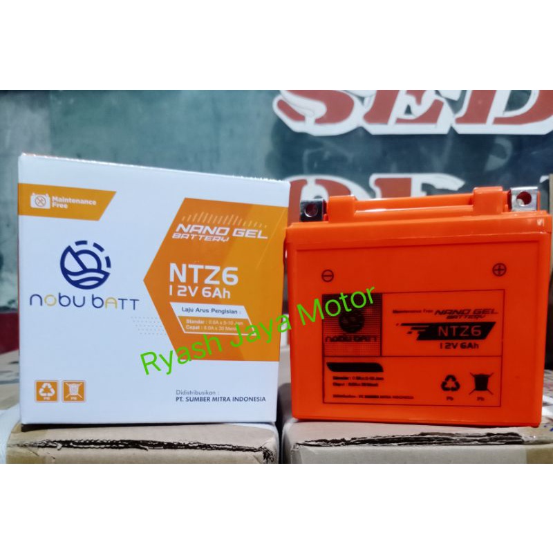 Aki NTZ-6V MF (Aki Kering) Nobu Batt For Vario 125/150 CBS/ ISS/160/ Beat Esp/CBR 150R/250R/CB 150R/ Satria Fu/Genio/Lexi/PCX/Adv/N-max new/Mio m3 SSS/Scoopy esp 2019/Beat new 2019-2021/satria Fu 150 old/new