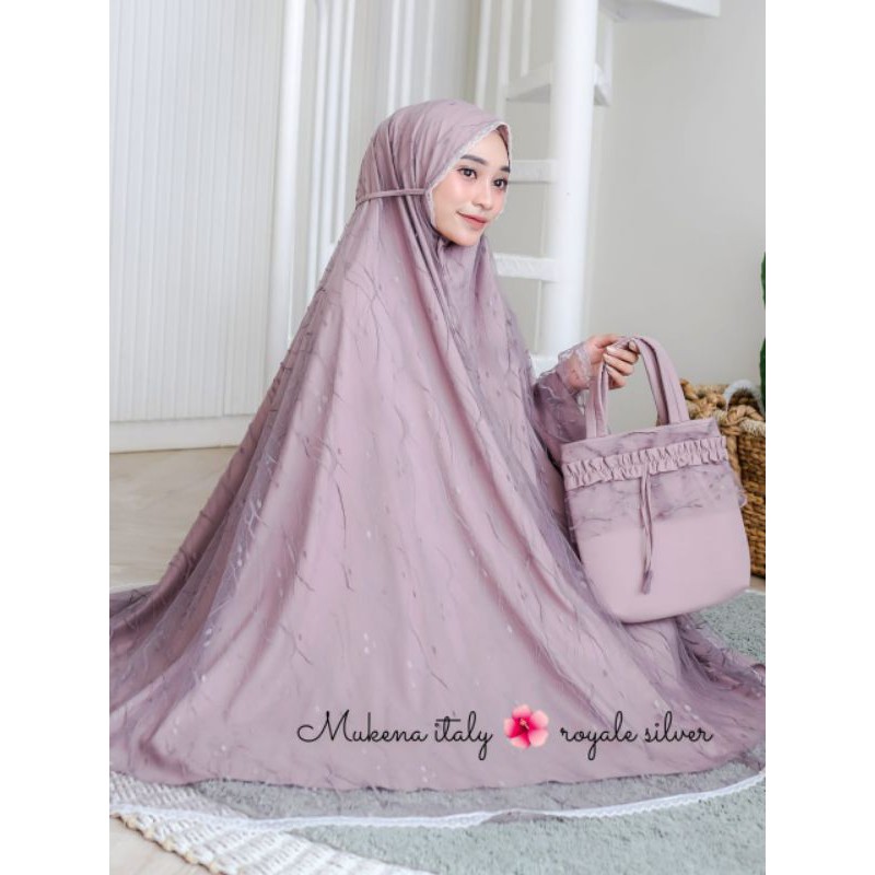 Ready bonus masker mukena italy Delanova best seller royal silver