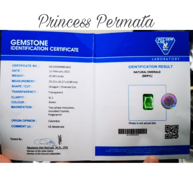 Batu Permata Natural Emerald Beryl Zamrud Colombia Big Size Sertifikat ACC LAB Crystal