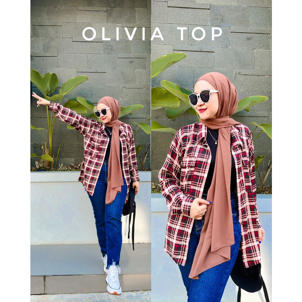 Kemeja Wanita Olivia Top Motif Kotak-Kotak Full Kancing