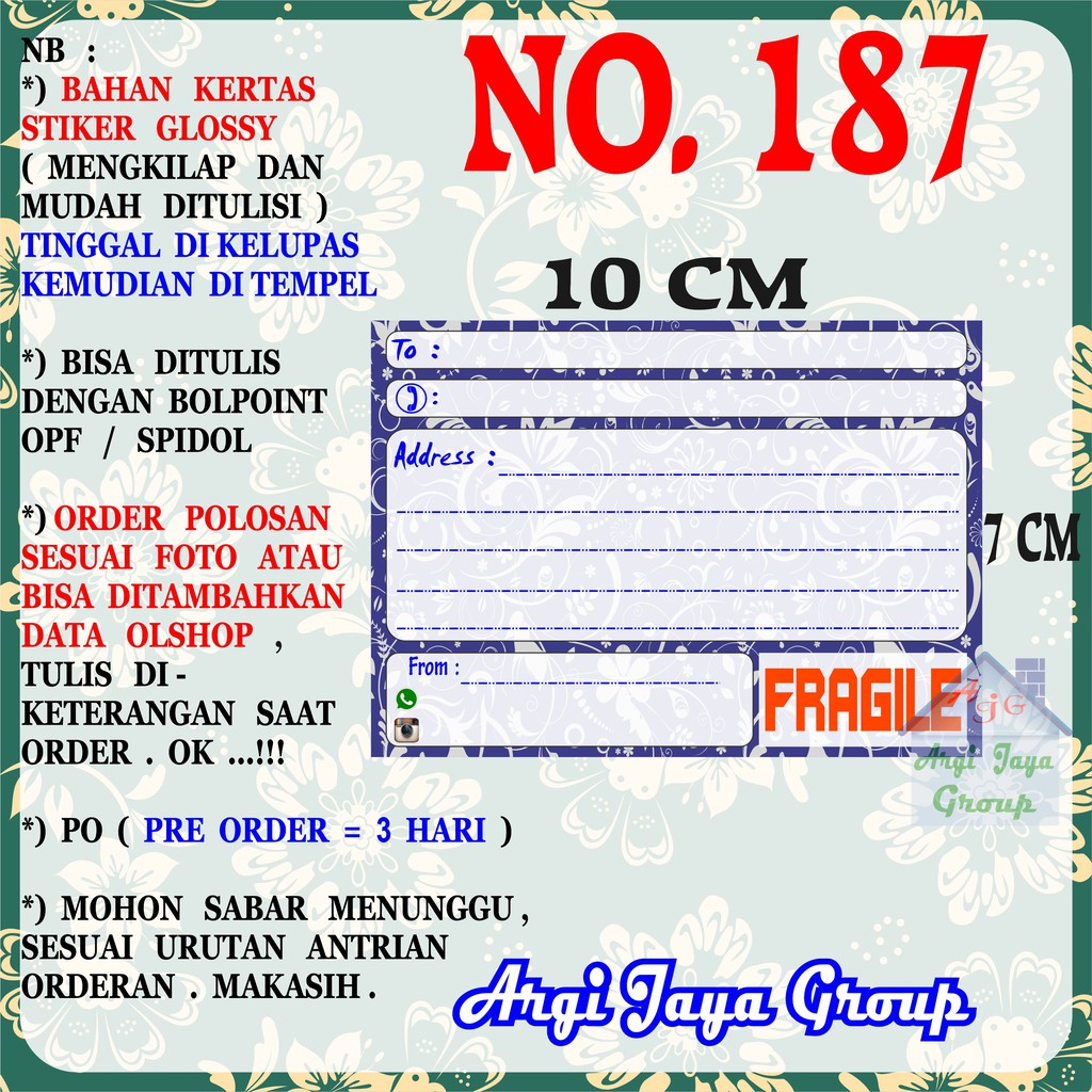 

Stiker Pengiriman - Sticker Alamat Olshop Murah Nomer 187 - 10x7 cm - Glossy