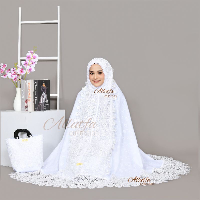 mukena dewasa shireen katun paris putih renda prada jumbo krisdayanti series