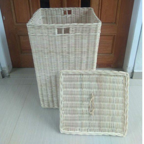 Keranjang rotan kotak persegi laundry tutup penyimpanan besar jumbo  40x40x65 cm