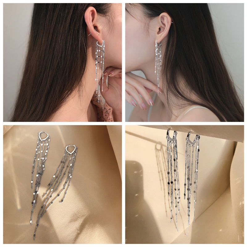 Anting Rantai Panjang Rumbai Bentuk Hati Warna Silver Untuk Wanita