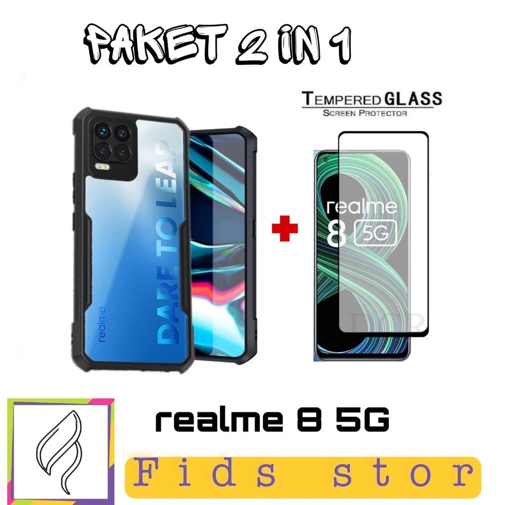 PROMO 2in1 Realme 8 5G CASE ShockProof Transparan Free TEMPERED GLASS Full Cover Black