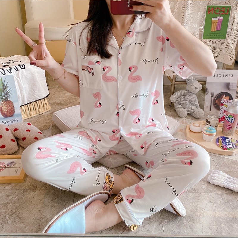 BAJU TIDUR PIYAMA SET KEMEJA CP LENGAN PENDEK CELANA PANJANG IMPORT PREMIUM BANYAK MOTIF 3-Flamingo