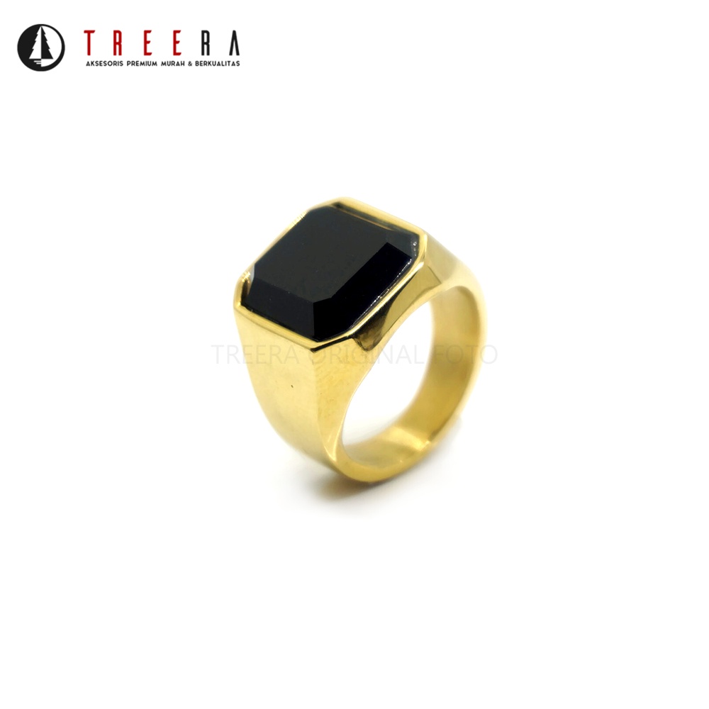 Treera - Cincin Titanium Pria Gold Emas Batu Hitam Anti Karat Anti Luntur