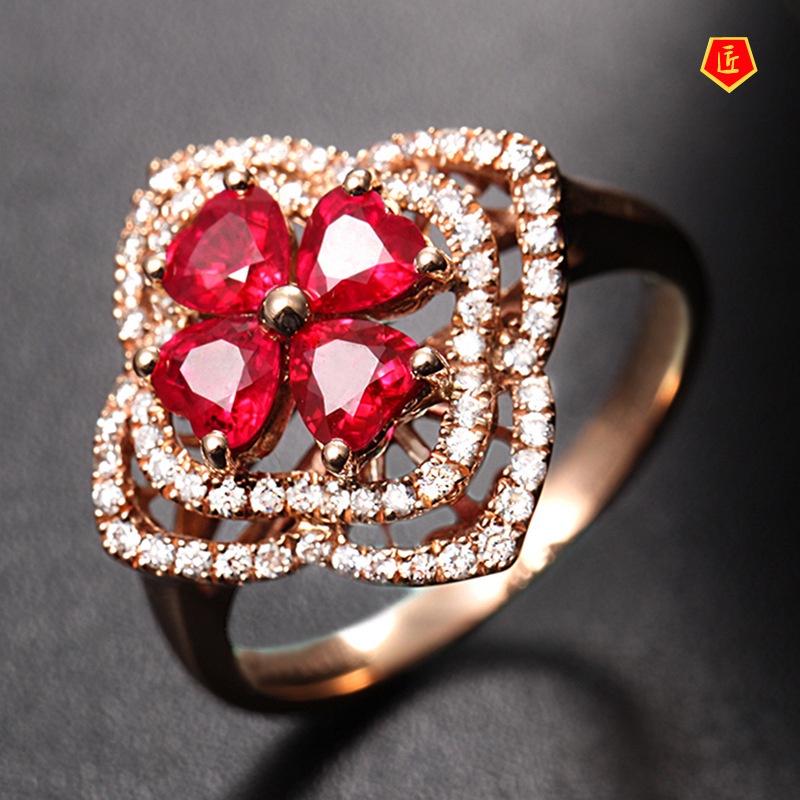 [Ready Stock]Elegant Personality Rose Gold Ruby Flower Ring