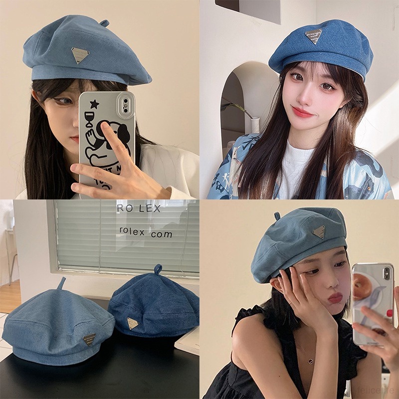 Topi Baret Bahan Denim Gaya Korea Untuk Wanita