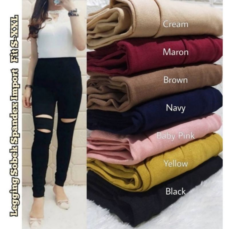 Legging import spandek polos sobek / New legging import / Legging wanita Kekinian