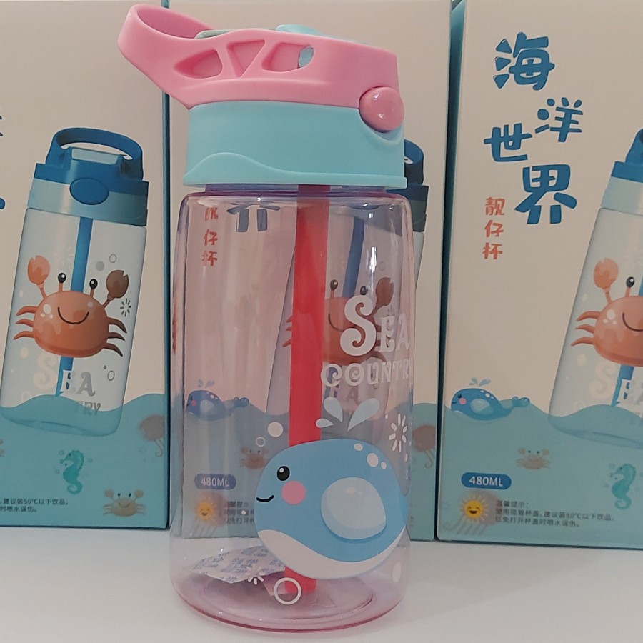 Botol Air Minum Anak Sedotan Motif Animal Sea Country 480ML - Botol Minum Animal Sea dengan Sedotan -  Botol Anak Animal - Botol Minum Animal Sea