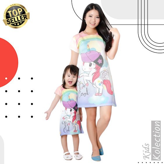 Baju Anak dan Ibu Perempuan COUPLE UNICORN /  Dress anak couple ibu dan anak Import / Daster anak