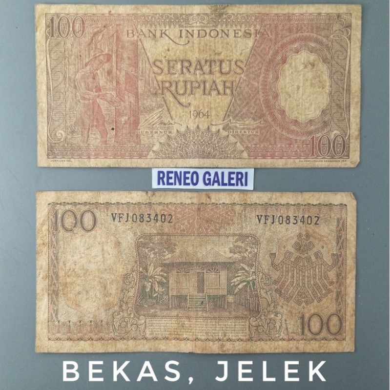 Jelek Asli Rp 100 Rupiah tahun 1964 seri Pekerja tangan Uang kuno kertas duit jadul lama lawas Merah Indonesia Original