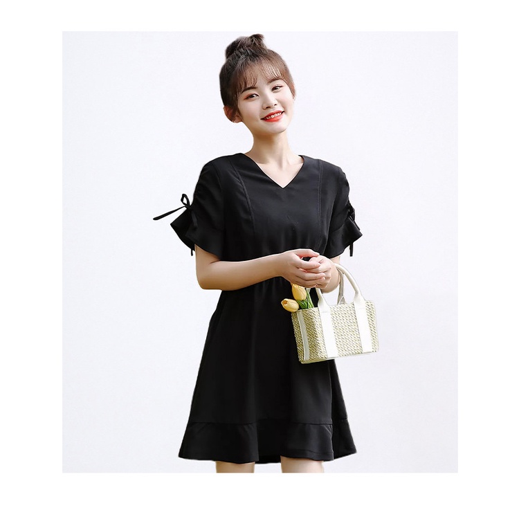 Baju Dress Gaun Korea Mini Midi Flare Polyester Karet Hitam Polos Lengan Pendek Pesta Ramping Wanita Dewasa Cewek