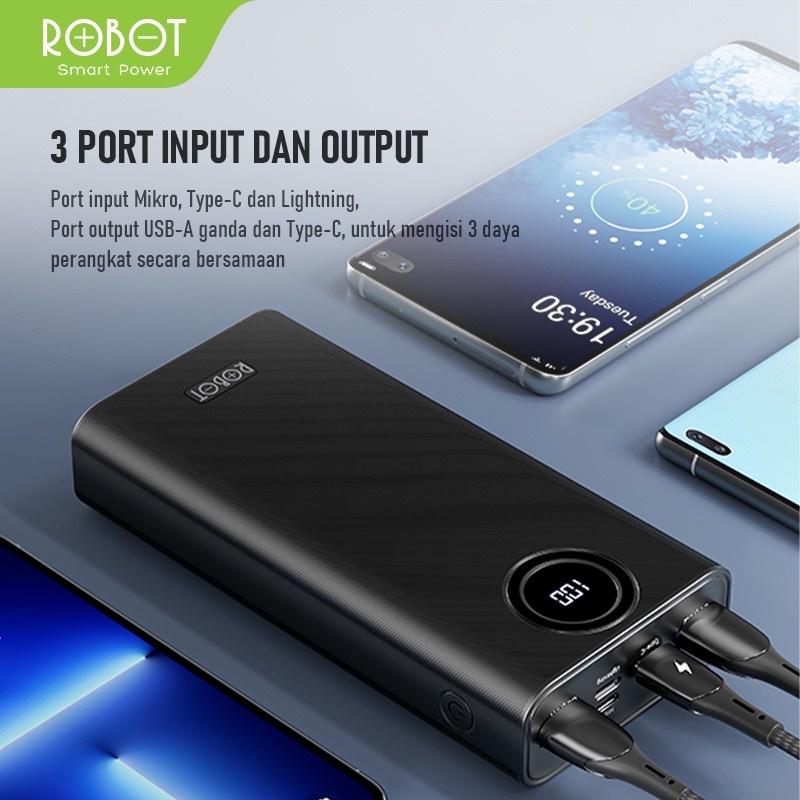 PowerBank  20000mAh ROBOT RT23 Fast Charging 22,5W 3 Port Input &amp; Output Original Led Indicator - Garansi Resmi 1 Tahun