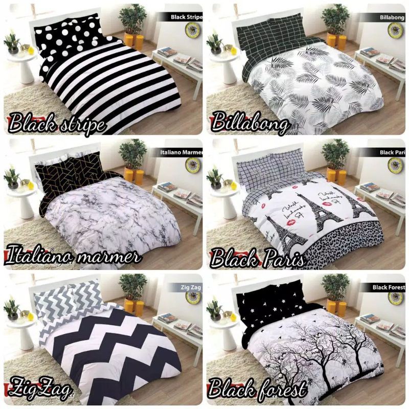 Fata- Sprei 120/160/180 Single Queen King Hitam Putih monokrom Zigzag Black forest Black stripe Blac