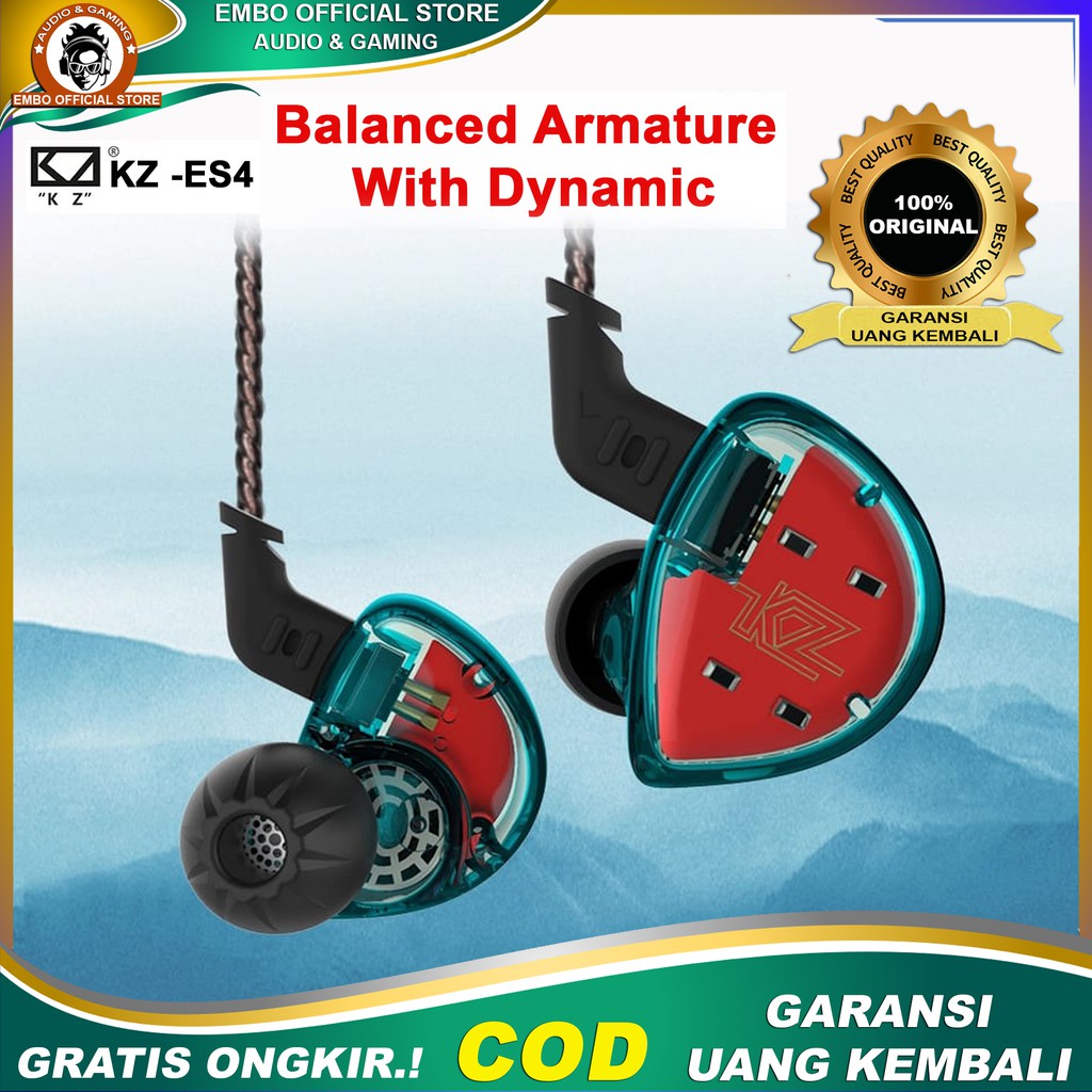 Earphone Headset KZ ES4 1BA+1DD Hybrid Hifi In Ear Headset Kabel Mic Handsfree Origin Original
