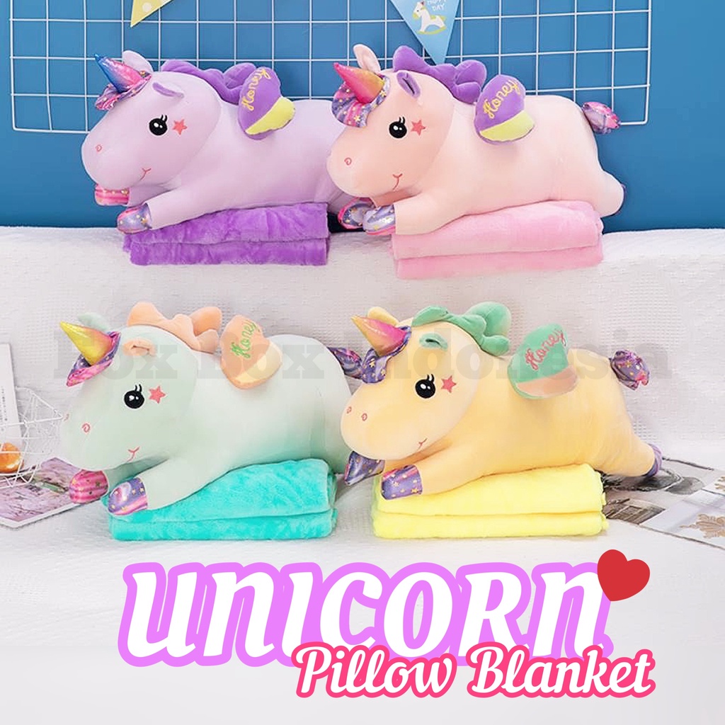 [TERMURAH] Bantal Selimut Boneka Unicorn Impor Premium - Balmut Karakter Unicorn Glitter Travel Friendly Pillow Blanket - Fox Box Indonesia