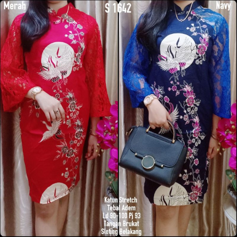 S 1642 #Dress Span Batik Imlek Motif Burung Dress Shanghai