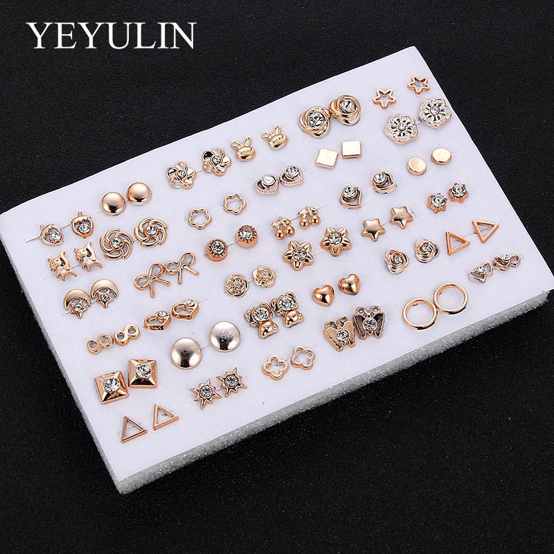 36 Pasang / 18 Pasang / Set Anting Stud Kristal Berlian Imitasi Bentuk Bunga Campur Gaya Elegan Untuk Wanita